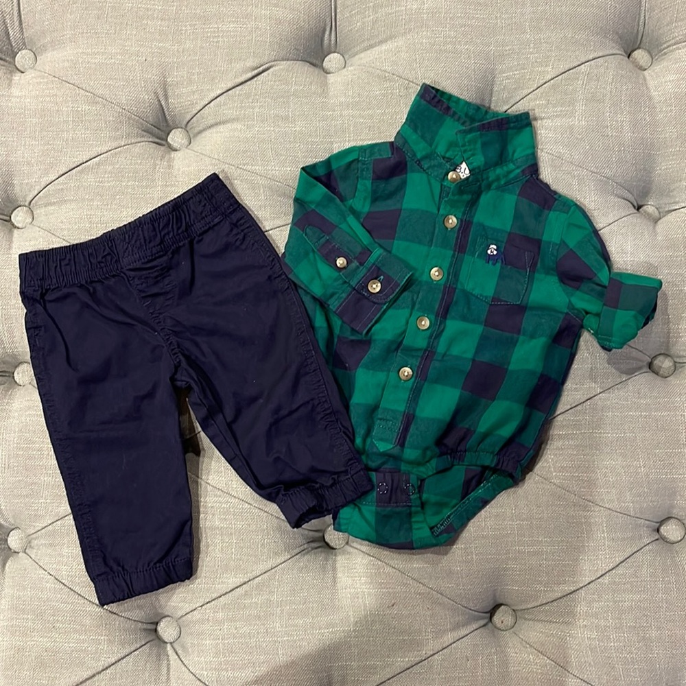 Green Plaid Shirt and Navy Pants Set